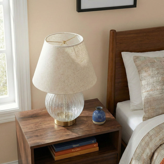 Serenity - Round Ribbed Lamp Base Clear Table Lamp Large Linen Shade - Clear / Gold / Natural