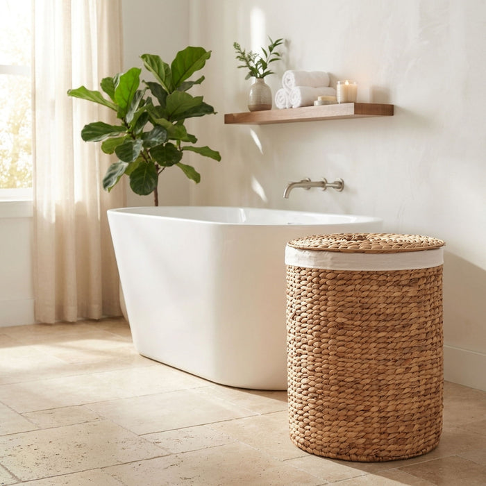 Ludmilla - Round Tall Laundry Hamper With Lid, Removable Liner - Light Brown