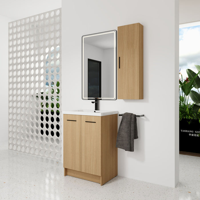 Freestanding Bathroom Vanity Set With Tall Linen Cabinet, Single Sink, Extra Storage, Soft Close Doors - Glossy White / Light Oak