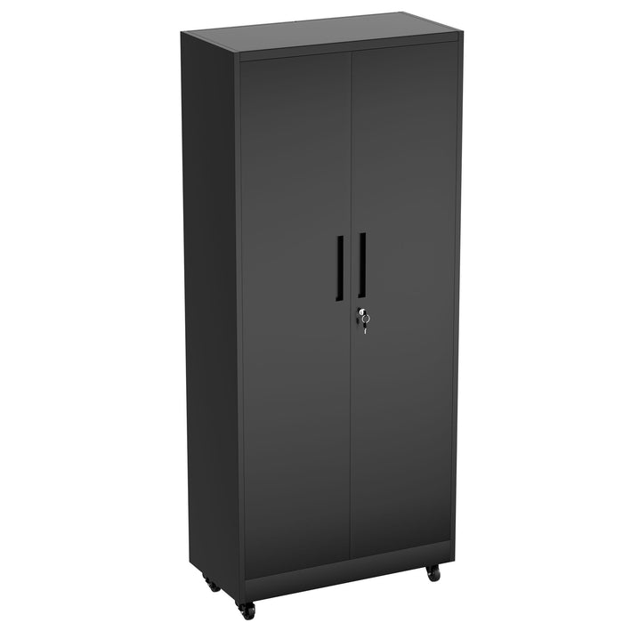 Storage Cabinet With Wheels And Lock, 4 Adjustable Shelves, 3 Point Locking Security, For Tool Organization In Garage - Black