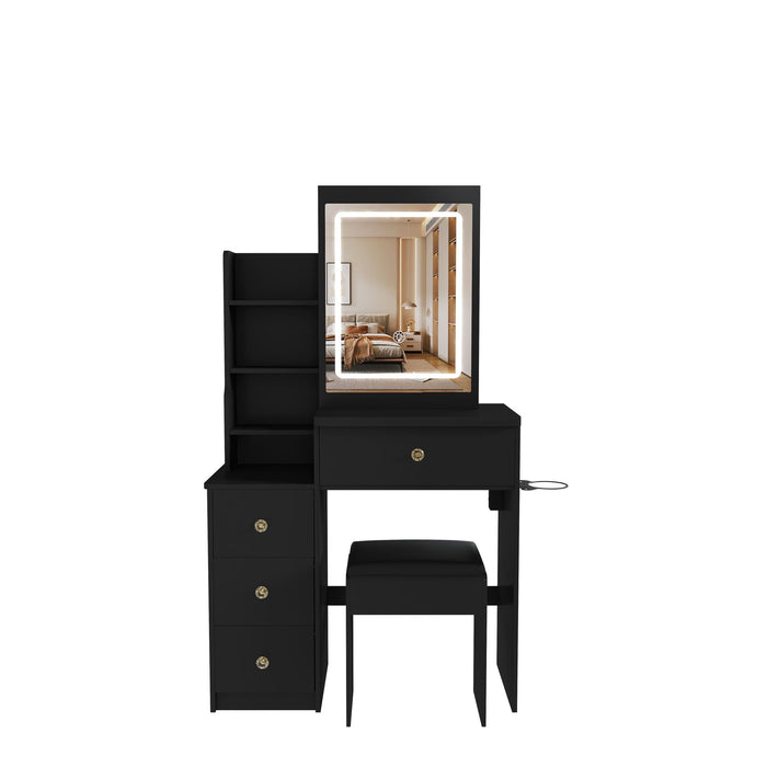 Vanity Desk With 3 LED Lighting Modes, 4 Drawers, Open Shelves, Hair Dryer Holder & Power Socket Dressing Table Set With Chair - Black