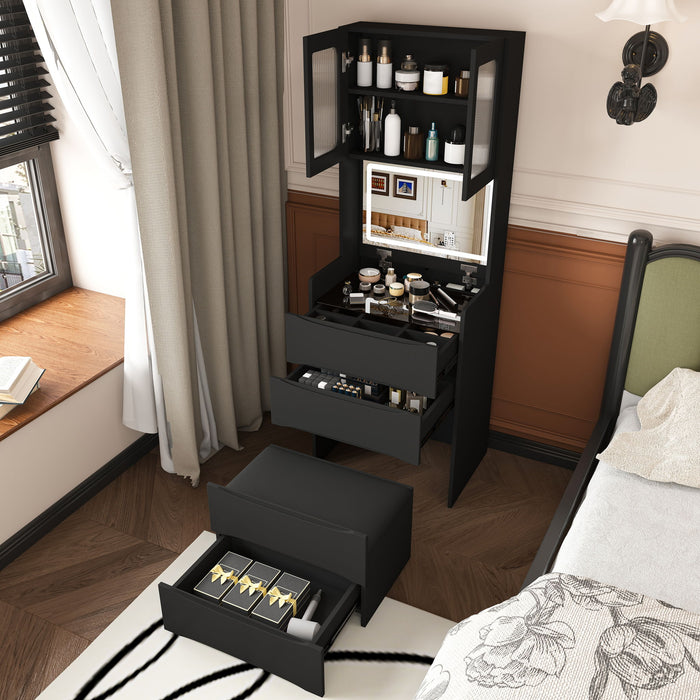 3 In 1 Vanity Table With LED Mirror & Storage Stool For Bedroom
