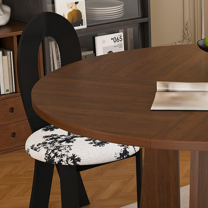 Round Dining Table For 4 With 4 Upholstered Chairs - Walnut / Black