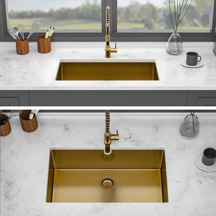 Gold Finish Undermount Stainless Steel Kitchen Sink 32" X 19" 16 Gauge Deep Single Bowl