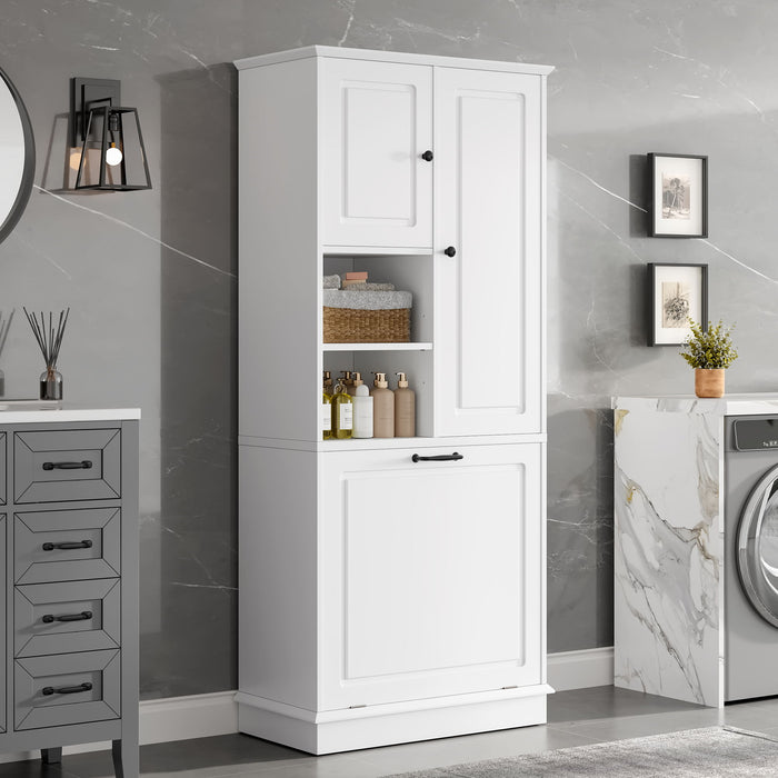 Modern Tall Storage Cabinet With Adjustable Shelves, Flip-Out Basket & Enclosed Doors