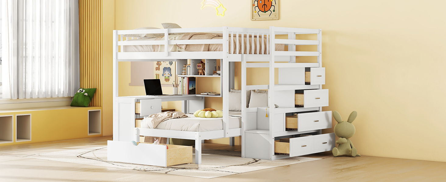 Bunk Bed With Desk, Drawers And Shelves