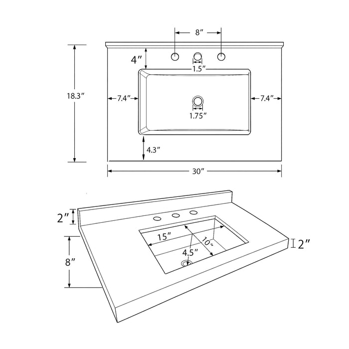 Basin Sink, 0.6" Ultra Thin Profile, Triple Faucet Holes, Sink Only