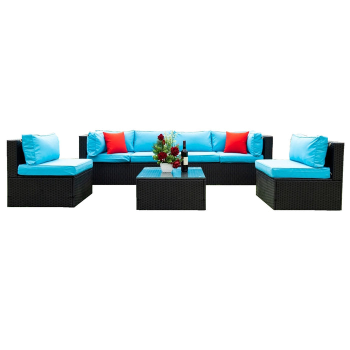 5 Pieces Rattan Sectional Outdoor Furniture Cushioned U Sof Set With 2 Pillow - Black / Blue