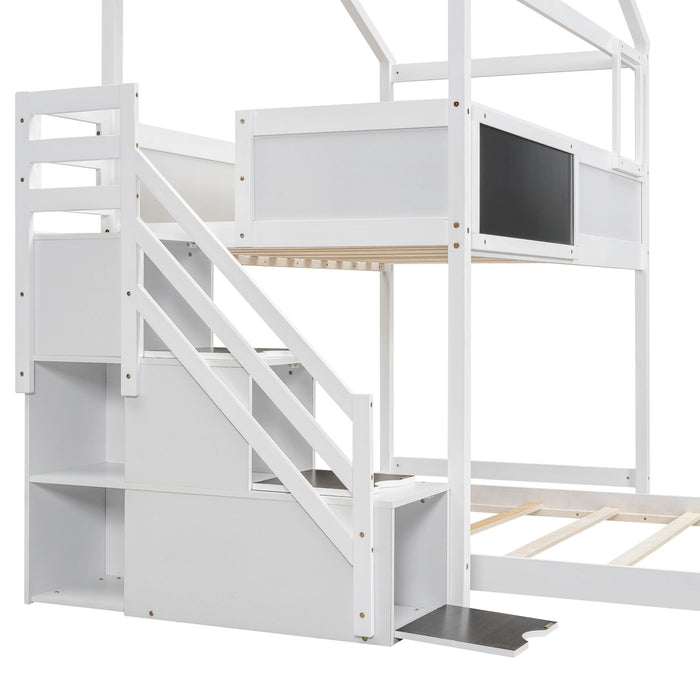 House Style Bunk Bed With Storage Staircase And Blackboard