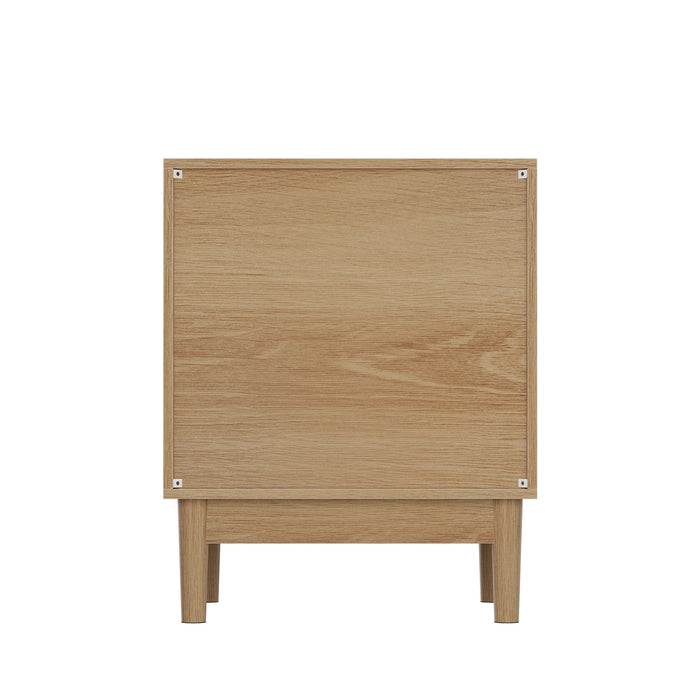 Bedside Table With Grille Design And 2 Drawers, Side Table For Bedroom - Oak