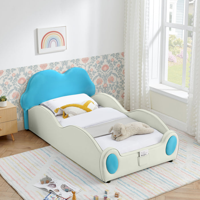 Cute Cloud Shape Bed With Guardrails Cartoon Design, Storage Pocket