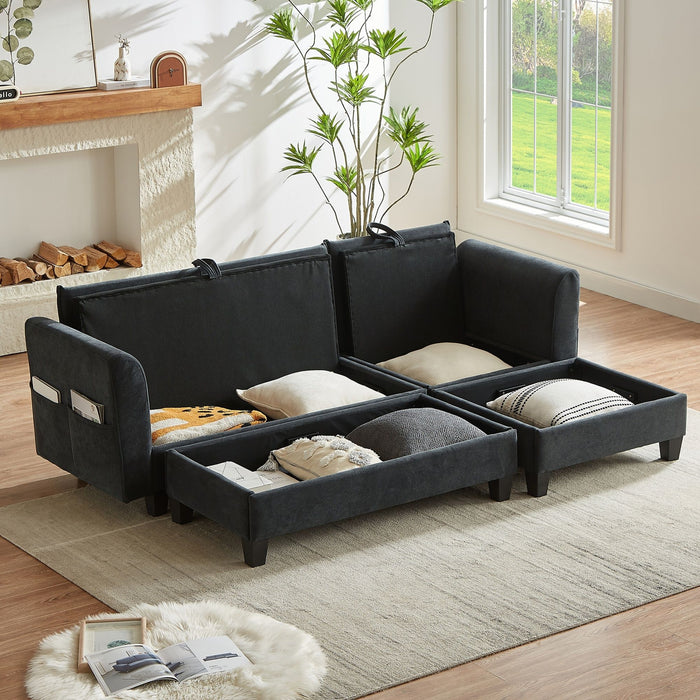 Upholstered L Shaped Sectional Sofa With Storage, Movable Ottoman, And 6 Throw Pillows