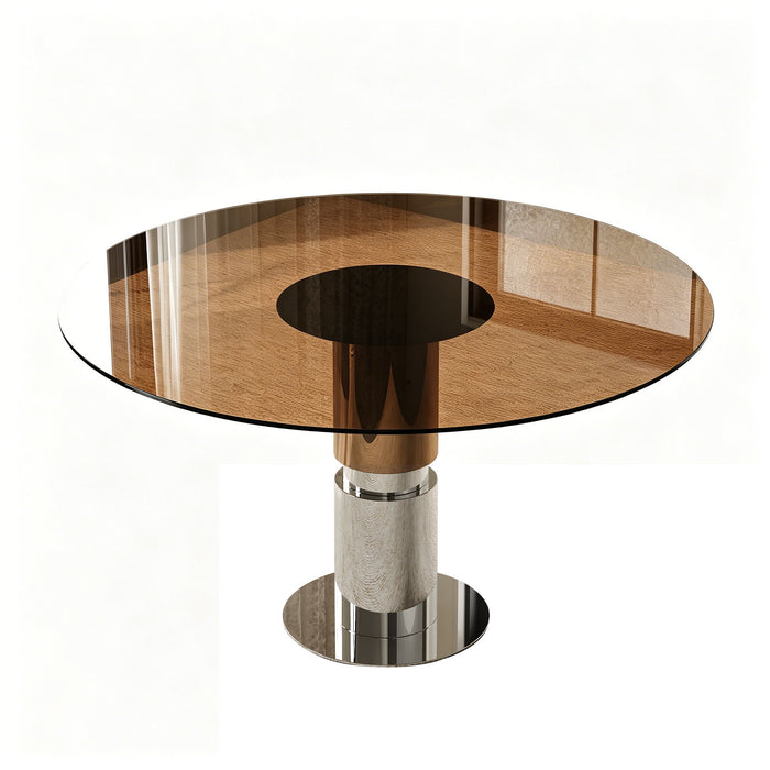 Round Dining Table & Tempered Glass Top - Brown