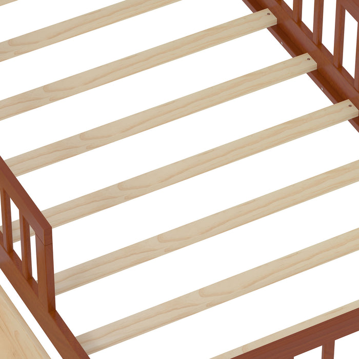 Bed With Headboard Storage Rack, 2 Under Bed Drawers, 3 Side Guardrails For Safety