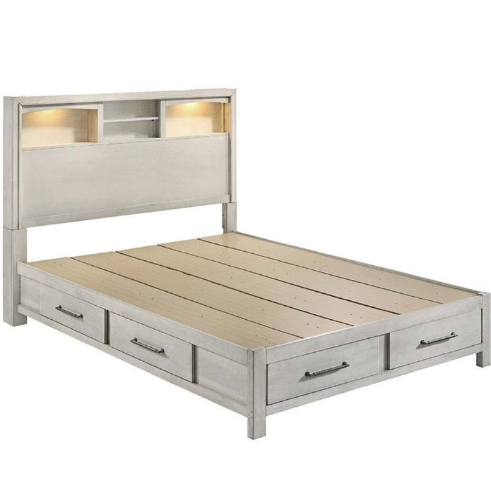 Transitional Bed With Smooth Gliding Drawers, Built In Lights, Open Headboard Shelves