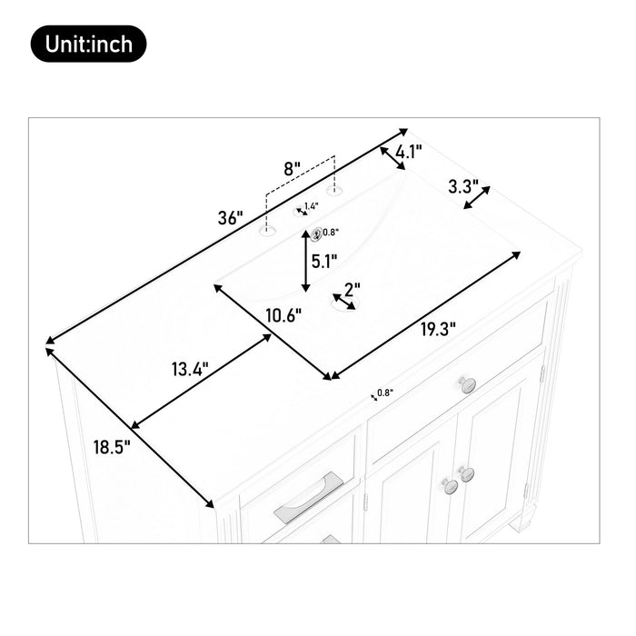 Modern Bathroom Vanity With Ceramic Sink, Freestanding, One Tip Out Drawer, 3 Side Drawers, Adjustable Shelf