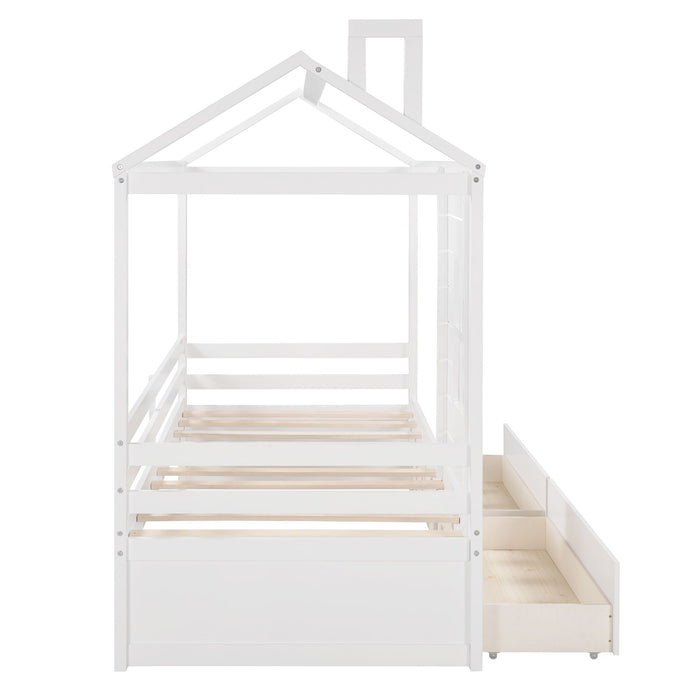Twin Size Classic House Bed With 2 Drawers - White