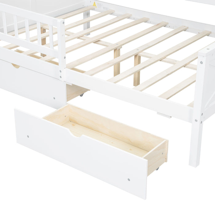 House Style Platform Bed With LED Lights, Storage Shelves, Drawers, And Guardrail
