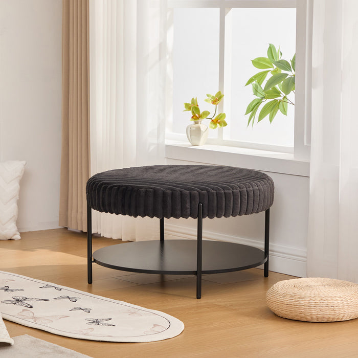 Modern Upholstered Round Ottoman Coffee Table With Storage Shelf