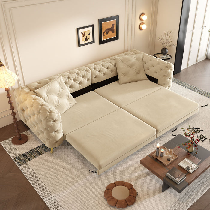3 In 1 Convertible Sleeper Sofa, Pull Out Bed, Button Tufted, 4 Seater Couch With Movable Ottoman For Apartment - Apricot
