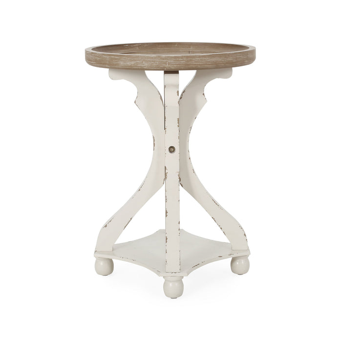 Rustic French Country Accent Table With Hourglass Firwood Base And Lipped Top