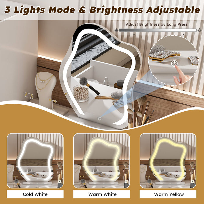 Vanity Dressing Table With LED Mirror & Storage Makeup Desk With 3 Drawers, 2 Open Shelves & 4 Hidden Cabinets - White