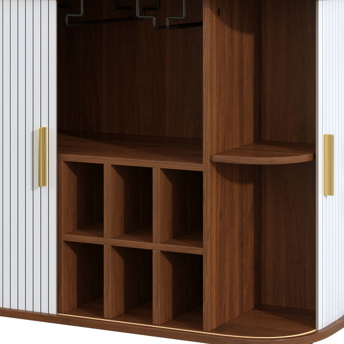 Fluted Liquor & Coffee Bar Cabinet With 6 Wine Racks And 3 Glass Holders
