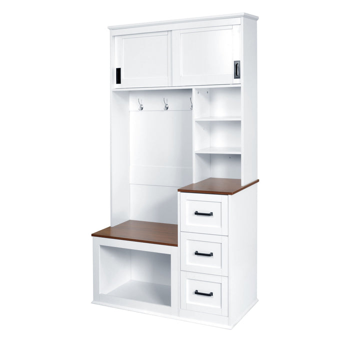 Modern Wide Hall Tree With Coat Rack, 3 Shelves And Drawers, 3 Sturdy Hooks