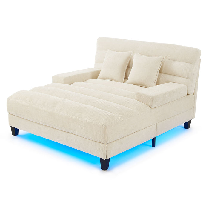 Chaise Bed Lounge Sofa Chair With Adjustable Backrest And LED Light Strip - Beige
