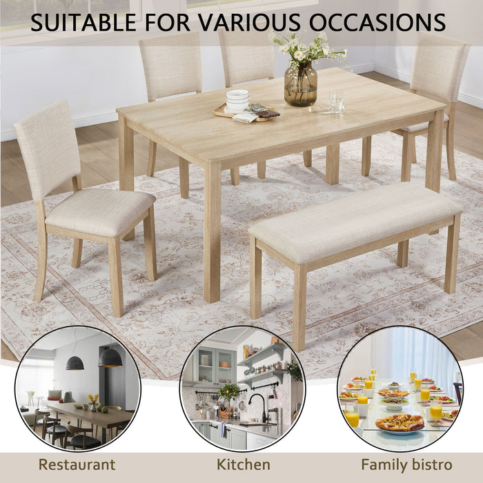 6 Piece Dining Table Set With Bench - Beige / Light Oak