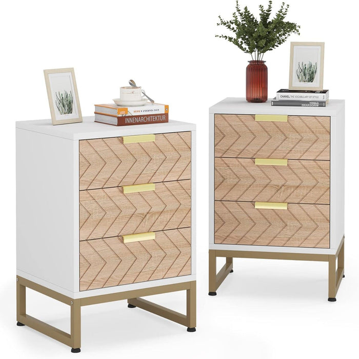 Nightstands With 3 Drawers, Zig Zag Design (Set of 2) - White / Oak