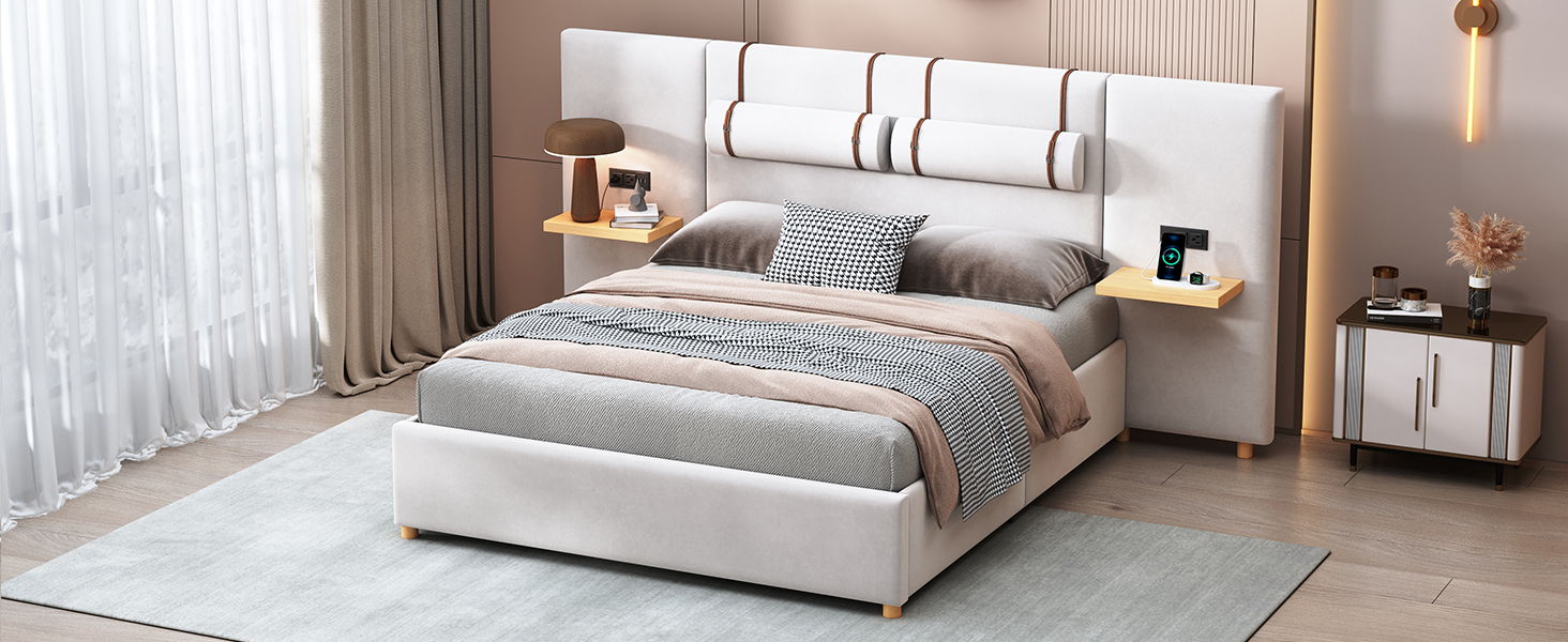 Upholstered Platform Bed, 2 Outlets And USB Charging Ports On Both Sides, 2 Bedside Pillows, Storage Shelves