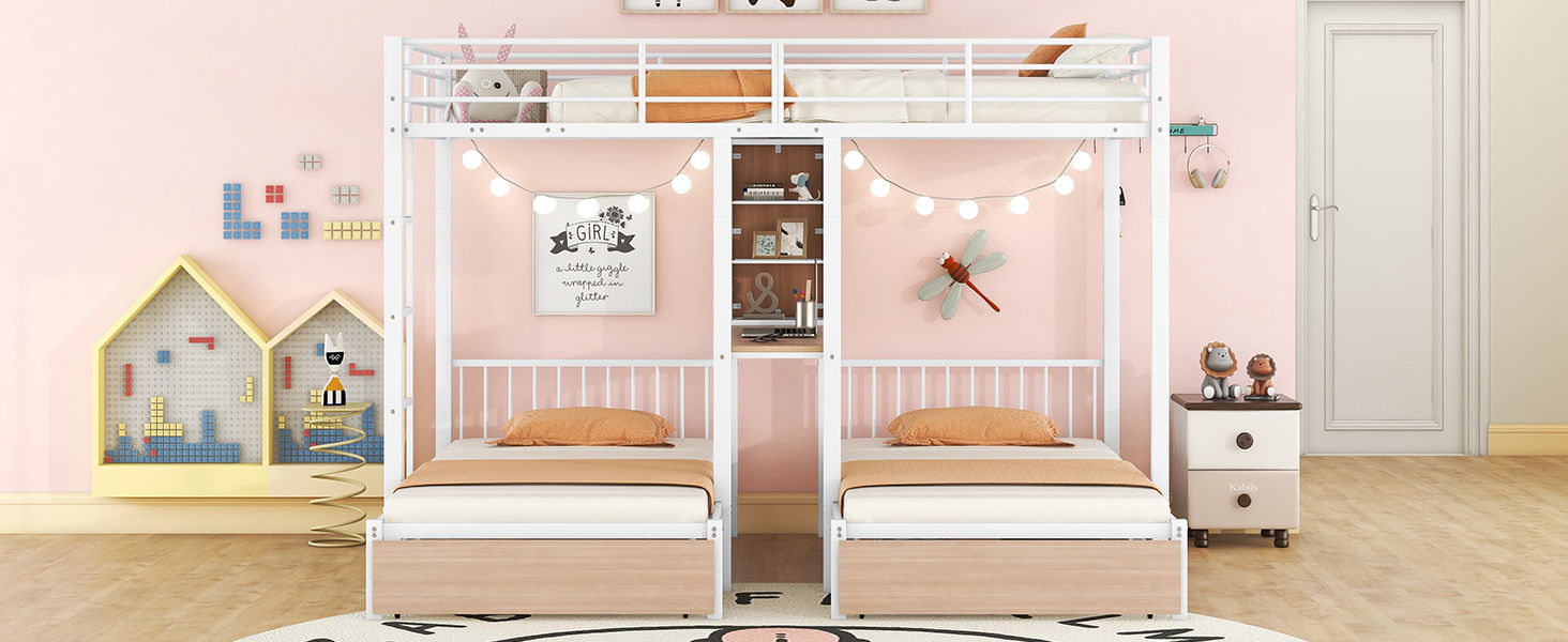 Triple Bunk Bed With Drawers, Multi-Functional Frame With Desks And Shelves In The Middle