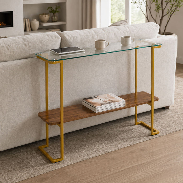 Console Table With Shelf, 2 Tier Living Room - Gold / Walnut