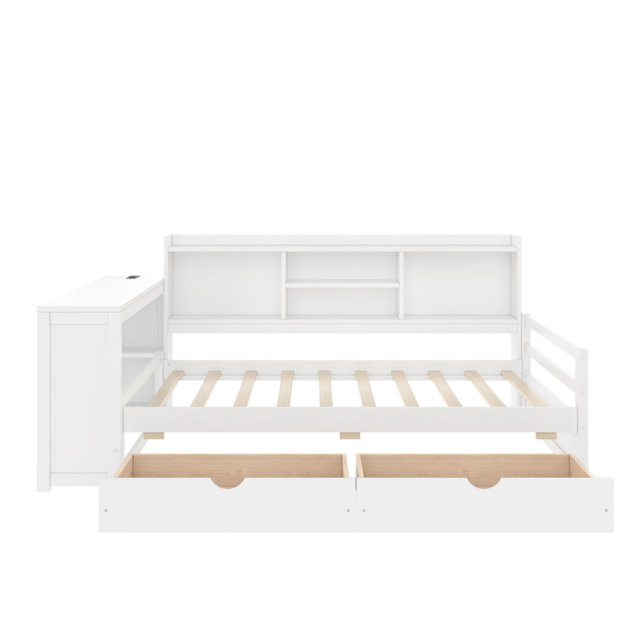 Corner Daybed With Storage Drawers, Desk, Charging Port & Bookcase