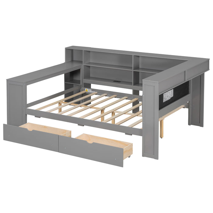 Platform Bed With Storage Shelves, Drawers, Charging Station, LED, Desk