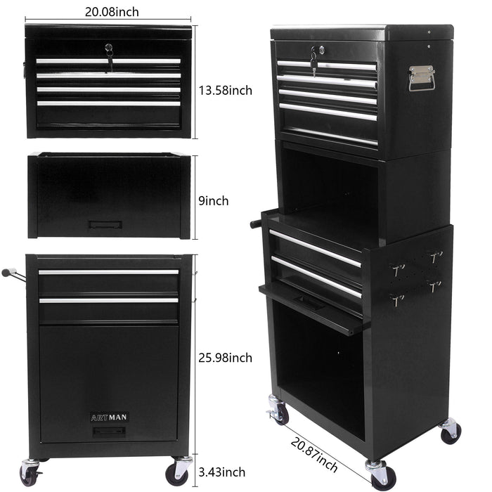 6 Drawer Lockable Tool Cabinet On Wheels, Steel Rolling Tool Chest With Detachable Toolbox