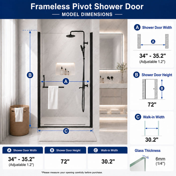 Semi-Frameless Pivot Shower Door With Adjustable Width, Reversible Installation