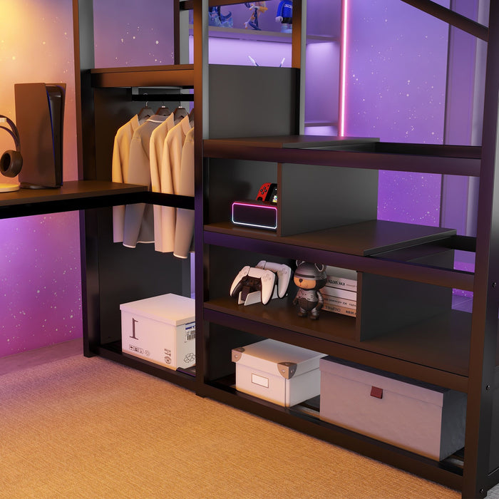 Loft Bed With Desk And Charging Station With Stairs And Light