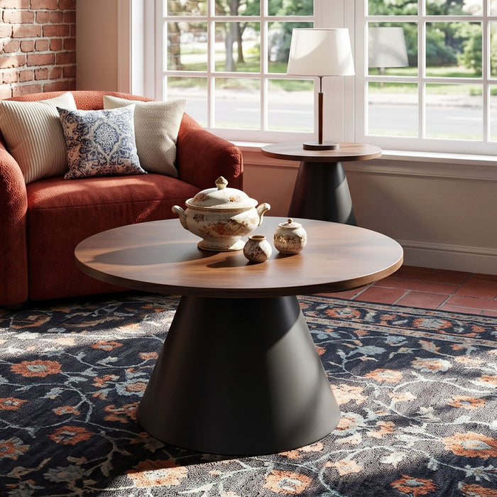 Nesting Coffee Table, Adjustable Foot Pads For Living Room (Set of 2) - Walnut / Black
