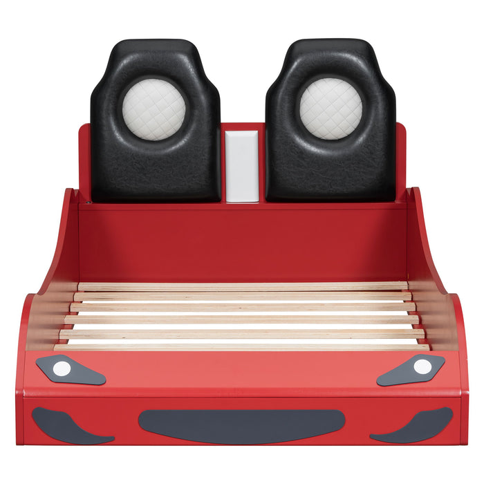 Race Car Shaped Platform Bed With LED And Upholstered Backrest In