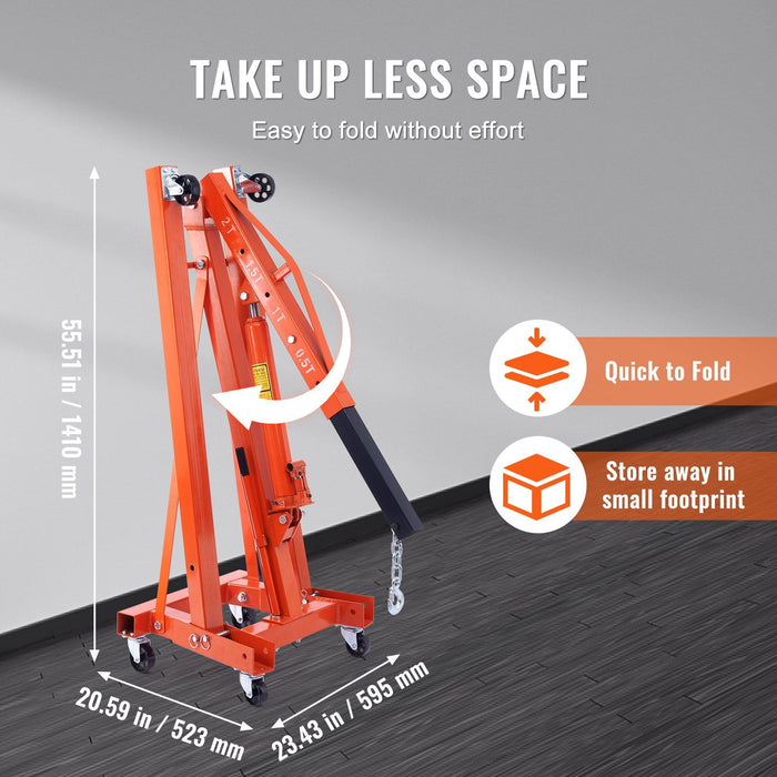 Hydraulic Engine Hoist With Lever, 2 Ton Capacity, Foldable Design For Auto Repair - Orange