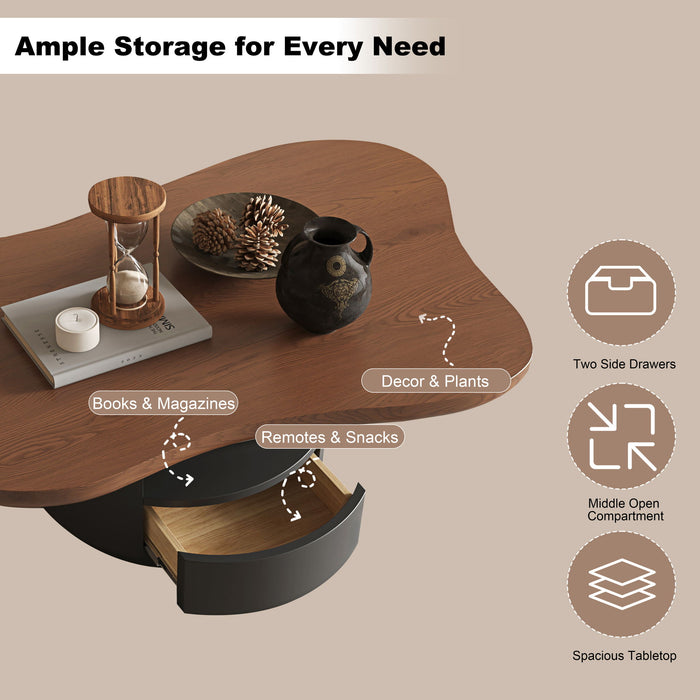 Cloud Coffee Table With 2 Drawers & Multi Layer Storage - Dark Walnut / Matt Black