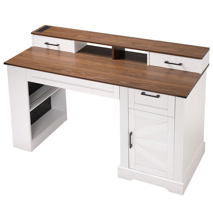 Office Desk With Storage Cabinet, Charging Station, Monitor Stand & Pegboard