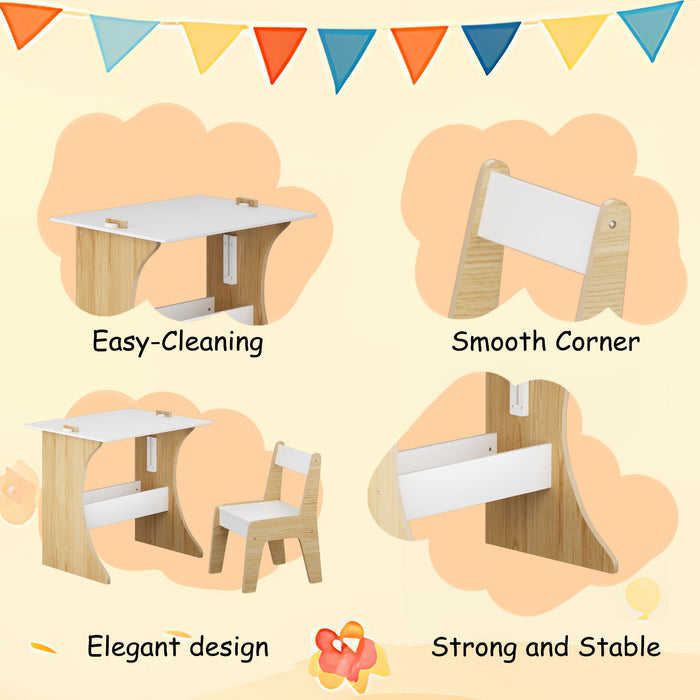 Table Set With 1 Chair, Multifunctional Study Table Convertible Top For Study Drawing & Play - White