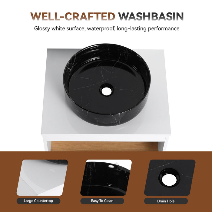 Floating Bathroom Vanity With Vessel Sink With Open Shelf Storage