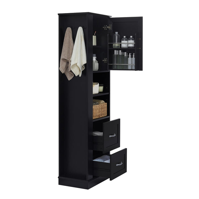 Freestanding Bathroom Storage Cabinet With Adjustable Shelves And Side Hooks Board, Rectangle Design