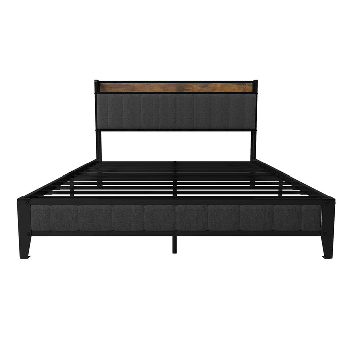 Bed With Charging Station, American Design Upholstered Headboard, Metal Platform