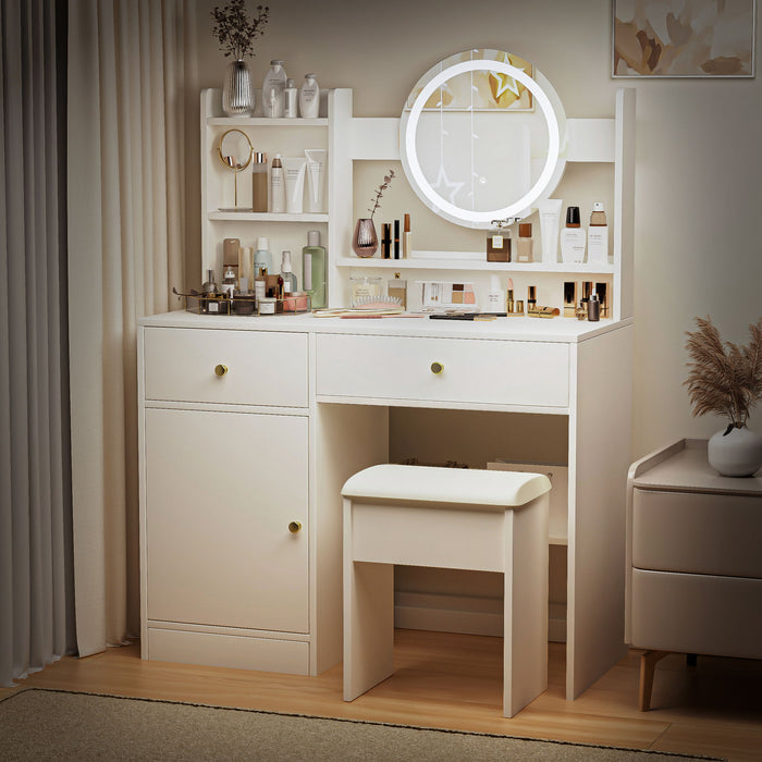 Fashion Vanity Desk With Mirror And Lights For Makeup And Cushioned Chair - White