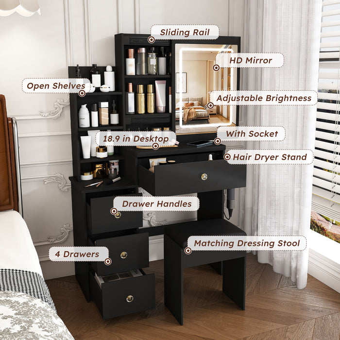 Vanity Desk With 3 LED Lighting Modes, 4 Drawers, Open Shelves, Hair Dryer Holder & Power Socket Dressing Table Set With Chair - Black